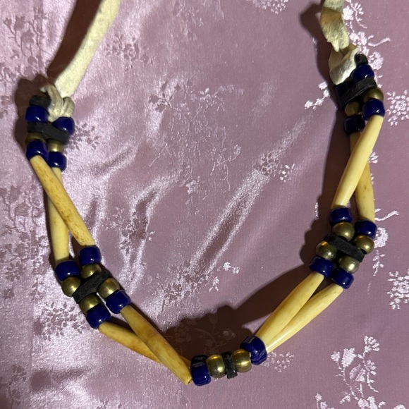 Handcrafted antique Beaded Native American Necklace with Blue and Gold Accents - Picture 1 of 3